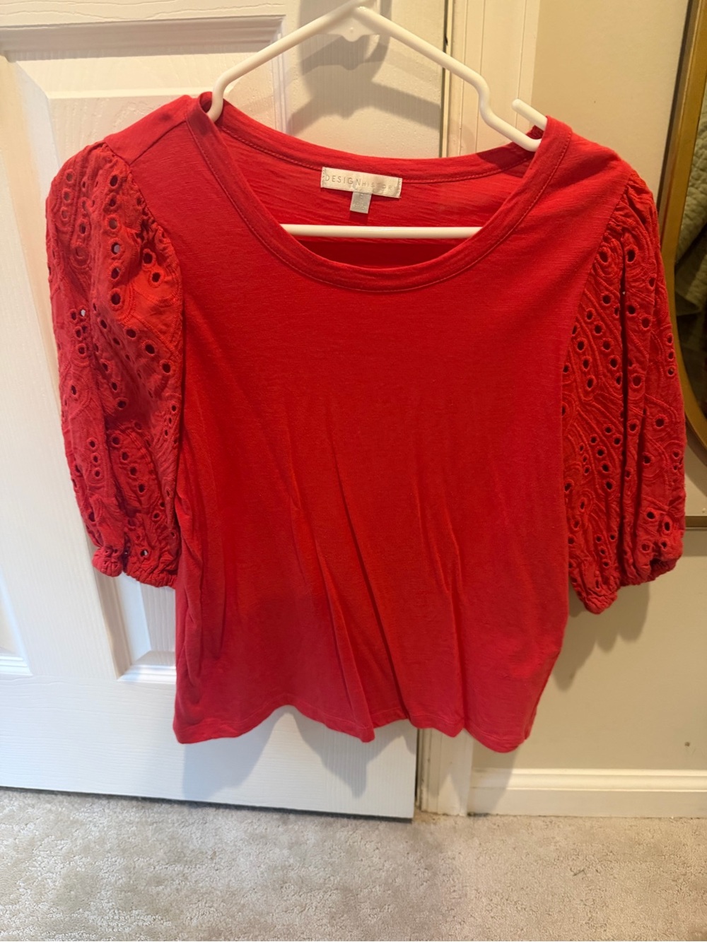 Design History Red Puff-Sleeve Eyelet Knit Top